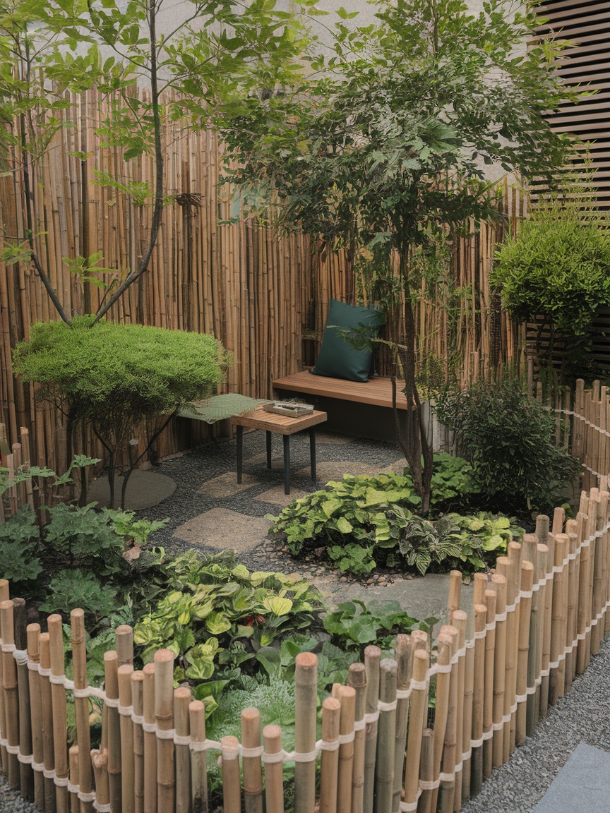 A small garden with bamboo fencing, featuring plants and a cozy seating area.