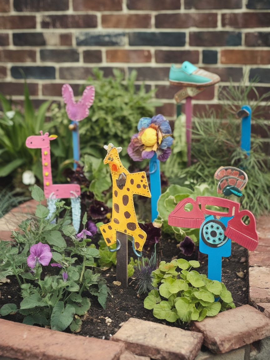 Colorful plant labels in a small garden featuring designs like a giraffe, a flower, and a shoe.
