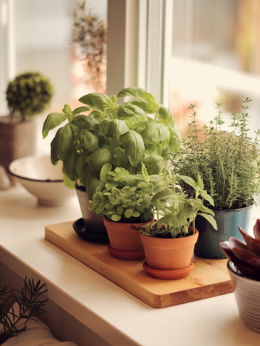 A compact herb garden with basil, mint, and thyme on a windowsill.