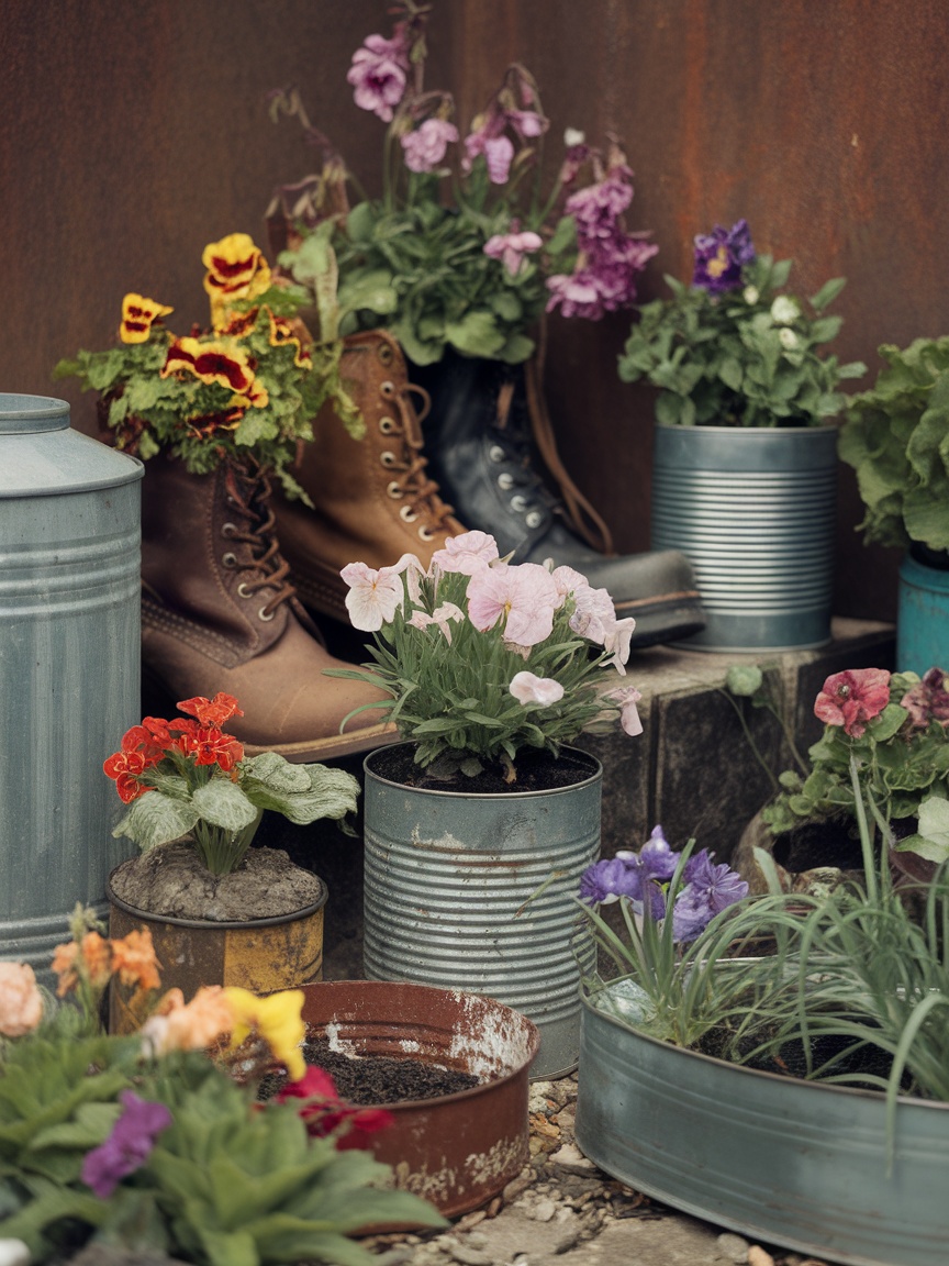 A collection of colorful flowers planted in vintage boots and various metal containers.