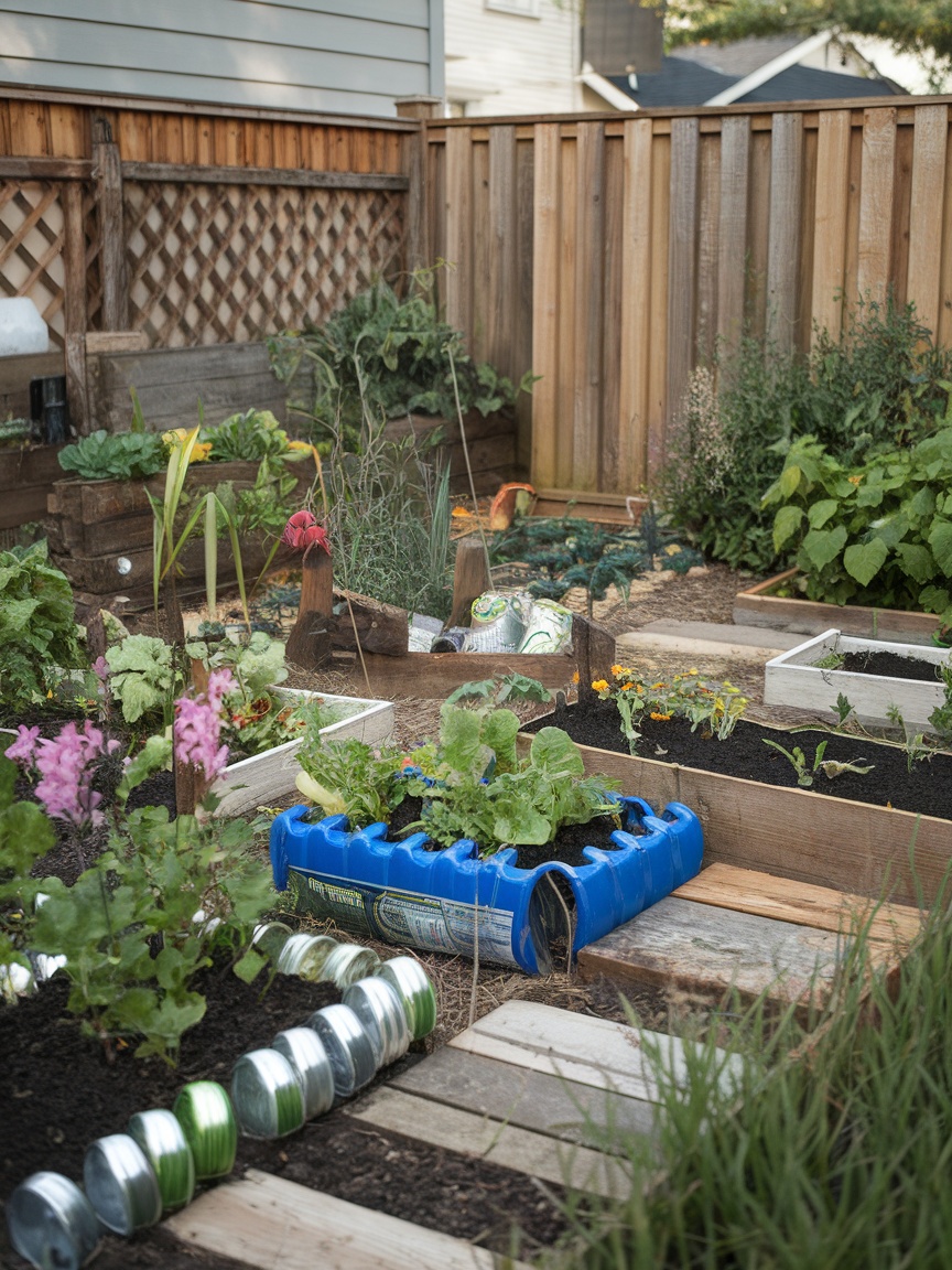 A small garden featuring recycled materials such as a blue plastic container as a planter and shiny can lids as a border.