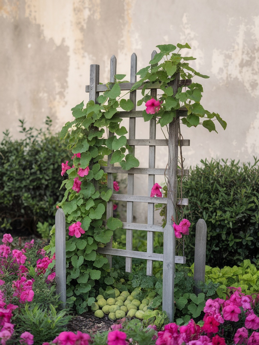 Wooden trellis with climbing vines and pink flowers in a small garden