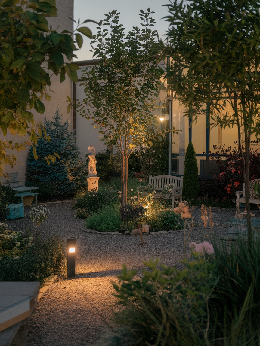 A cozy small garden illuminated at twilight with warm lights, featuring benches and trees.
