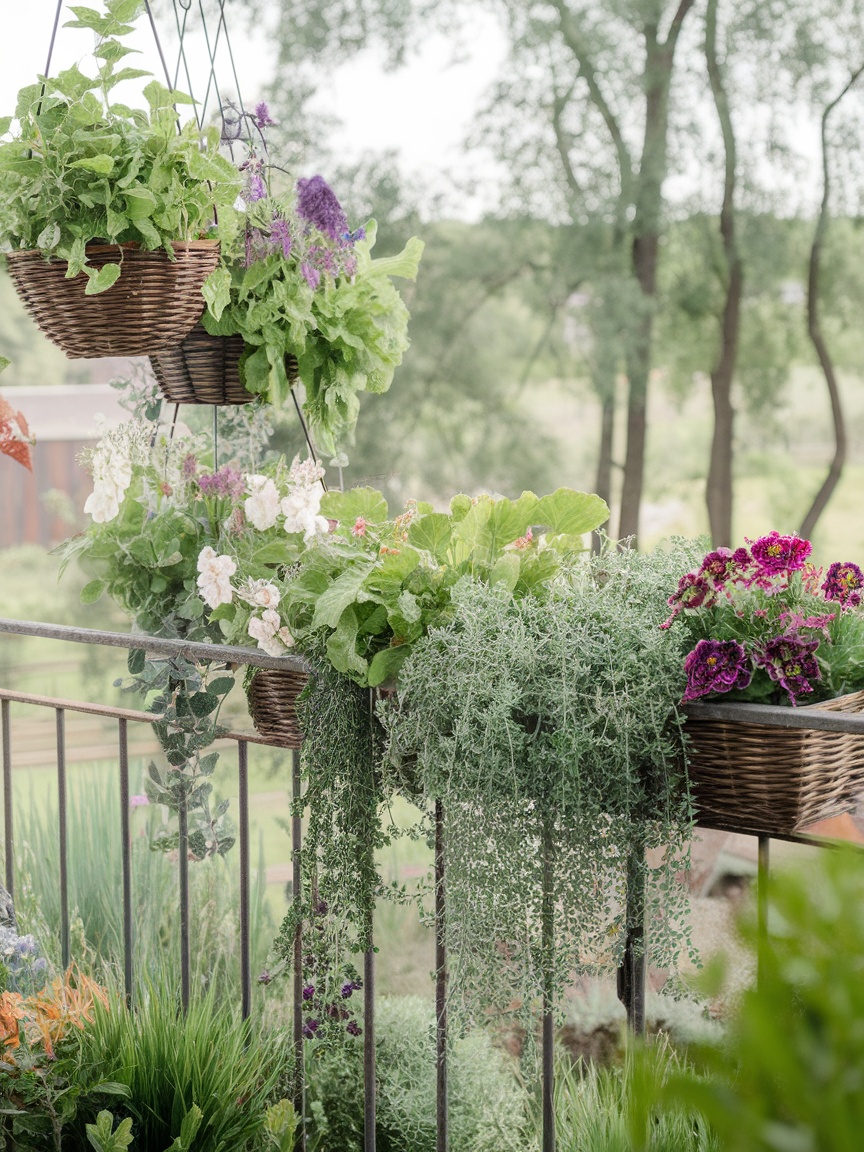 A collection of hanging planters with various plants, including herbs and flowers, displayed on a balcony railing.