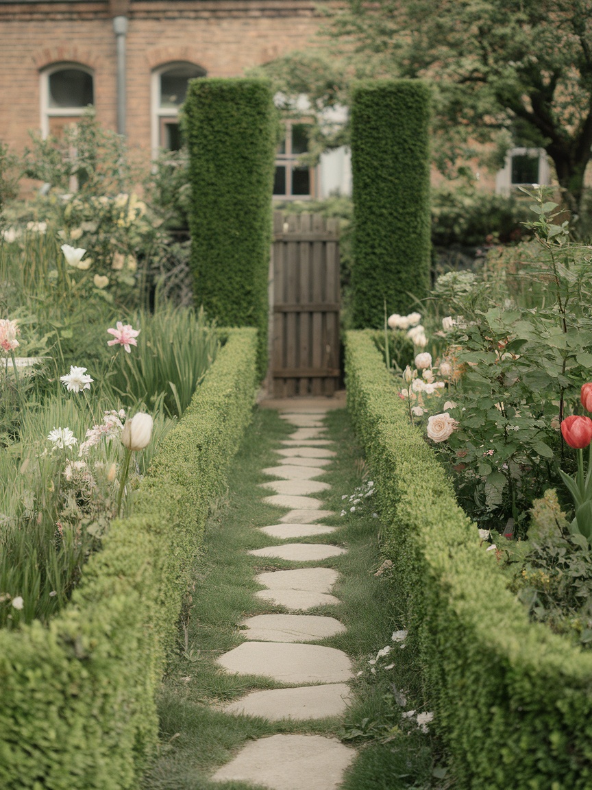 A charming mini garden pathway made of stones, bordered by lush greenery and colorful flowers.