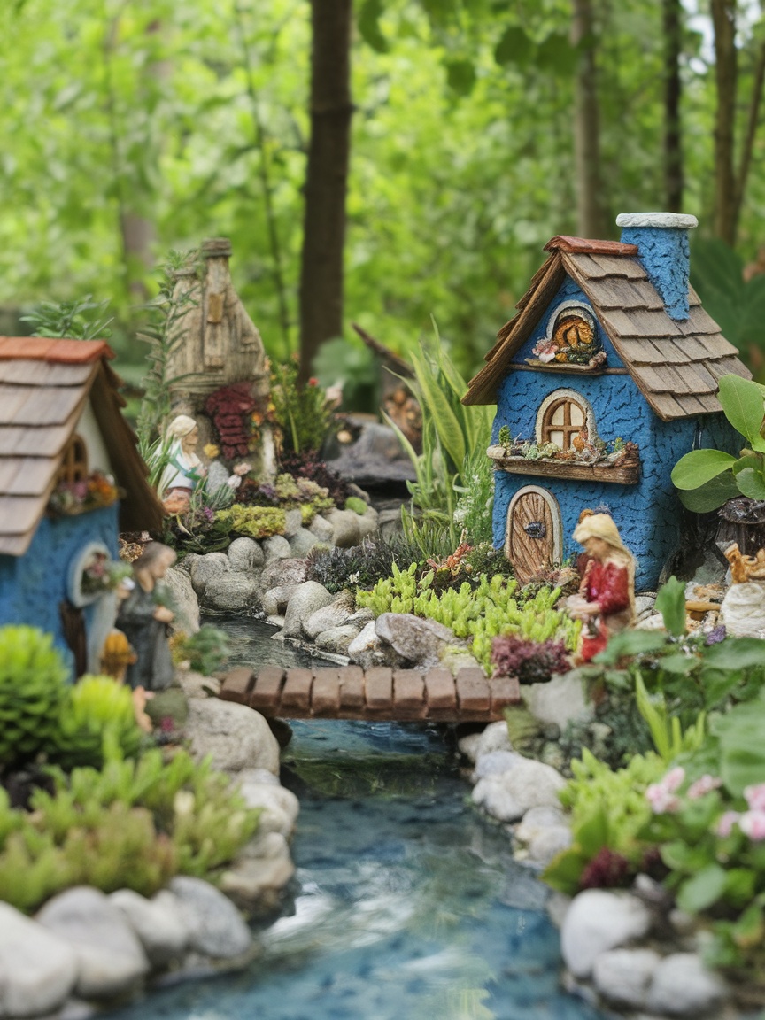 A miniature fairy garden with colorful houses, a bridge, and a stream.