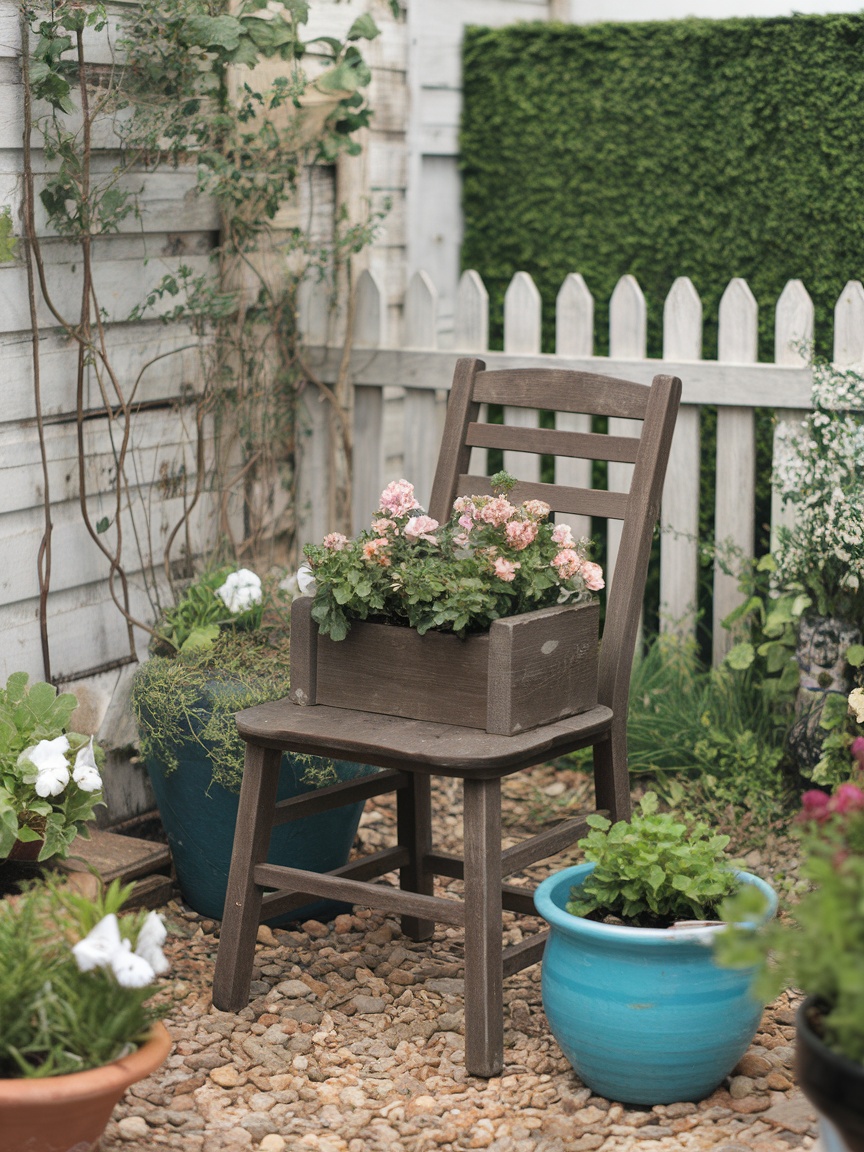 A wooden chair used as a planter, decorated with blooming flowers, placed in a small garden area.