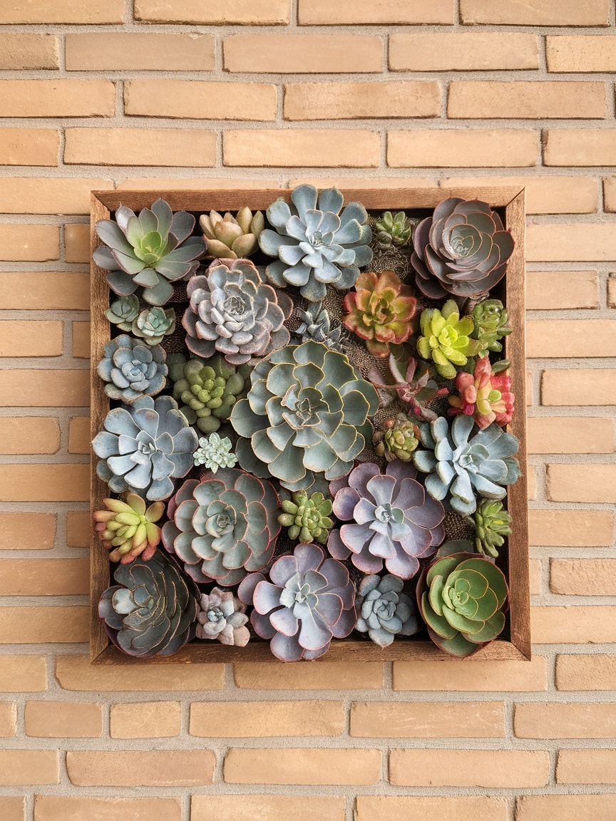 A wooden frame filled with various colorful succulents against a brick wall.