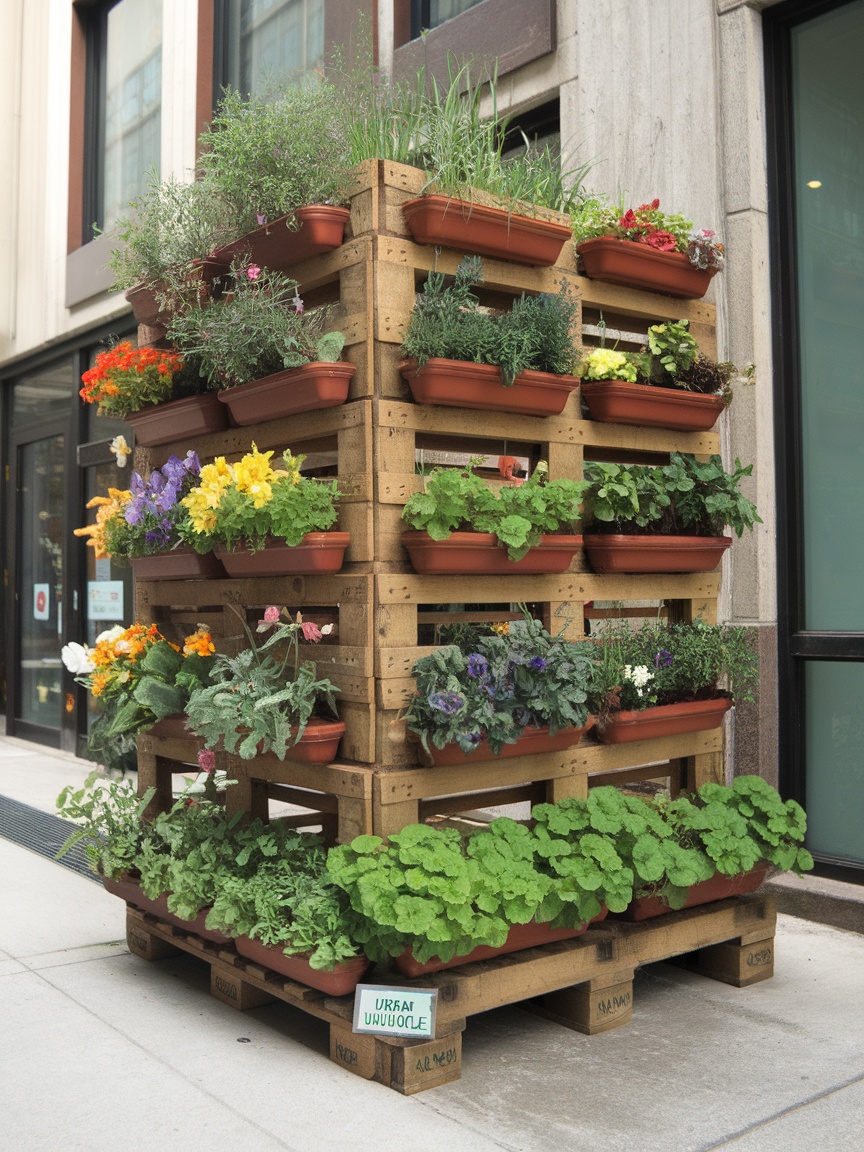 A vertical garden made from wooden pallets, showcasing various colorful plants and flowers in terracotta pots.