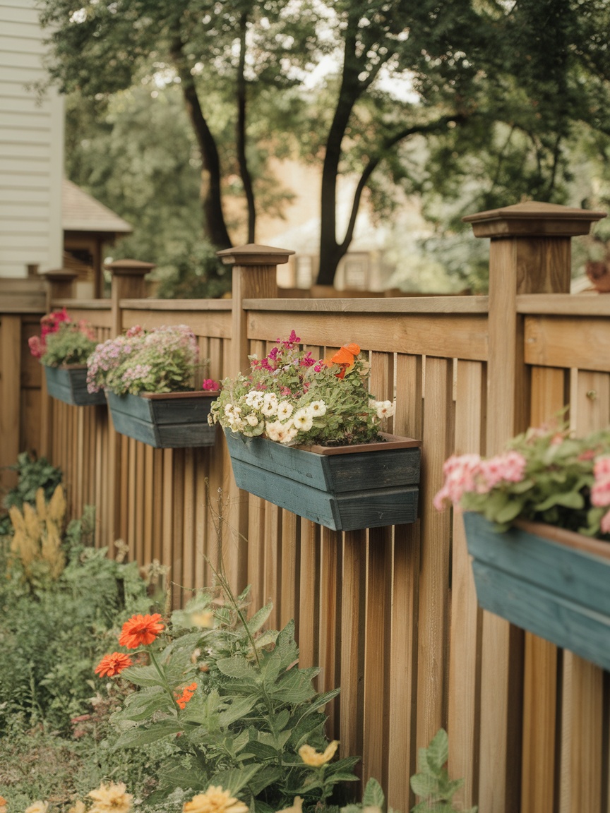 Wooden wall planters filled with colorful flowers attached to a wooden fence